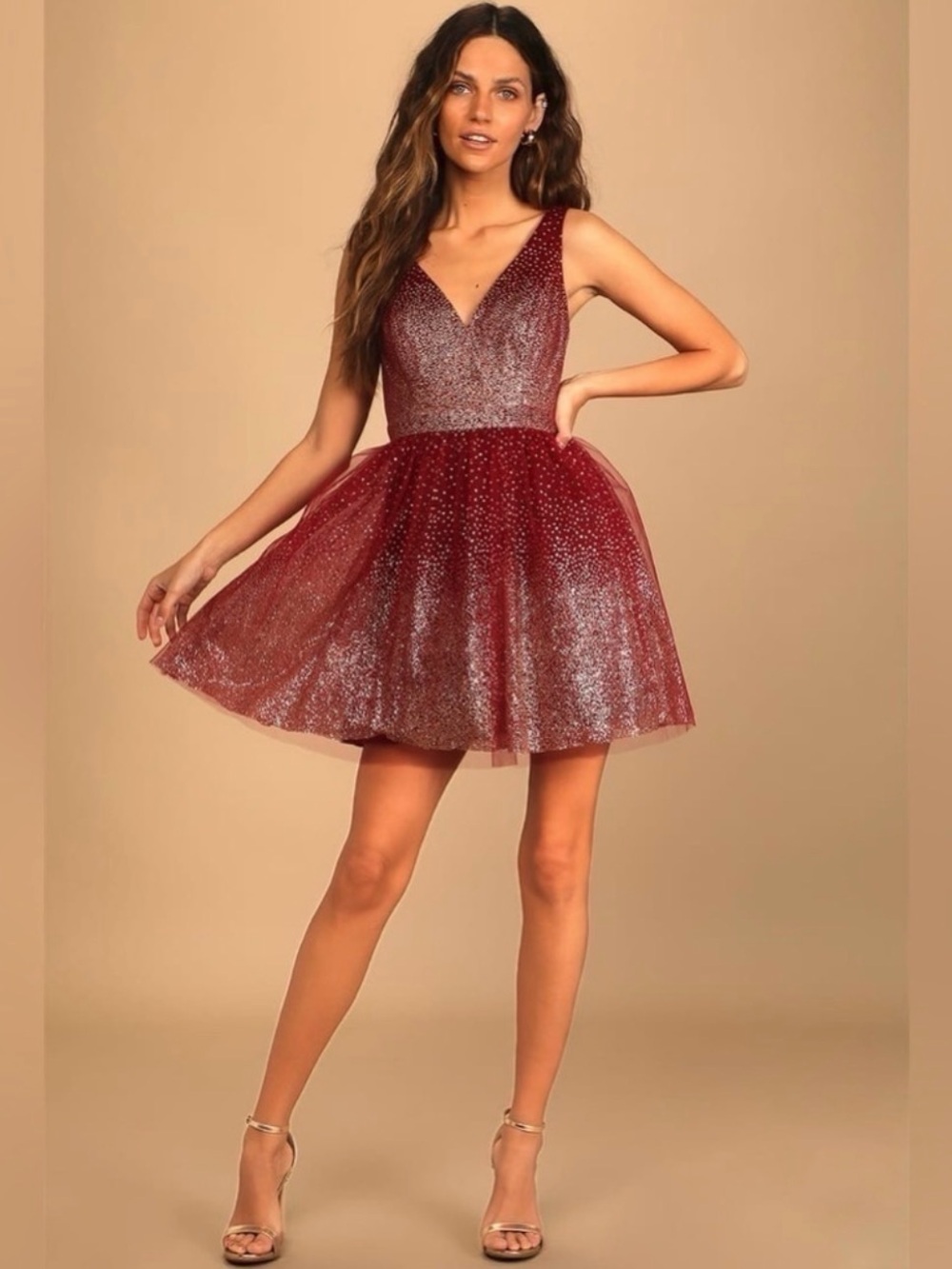 ✨‎ Lulus Ballerina Dream Burgundy Gold Glitter Skater Dress XS NWT ✨